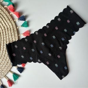 Victoria's Secret No Show Scallop Thong Panty Black Rainbow Monogram Small NEW